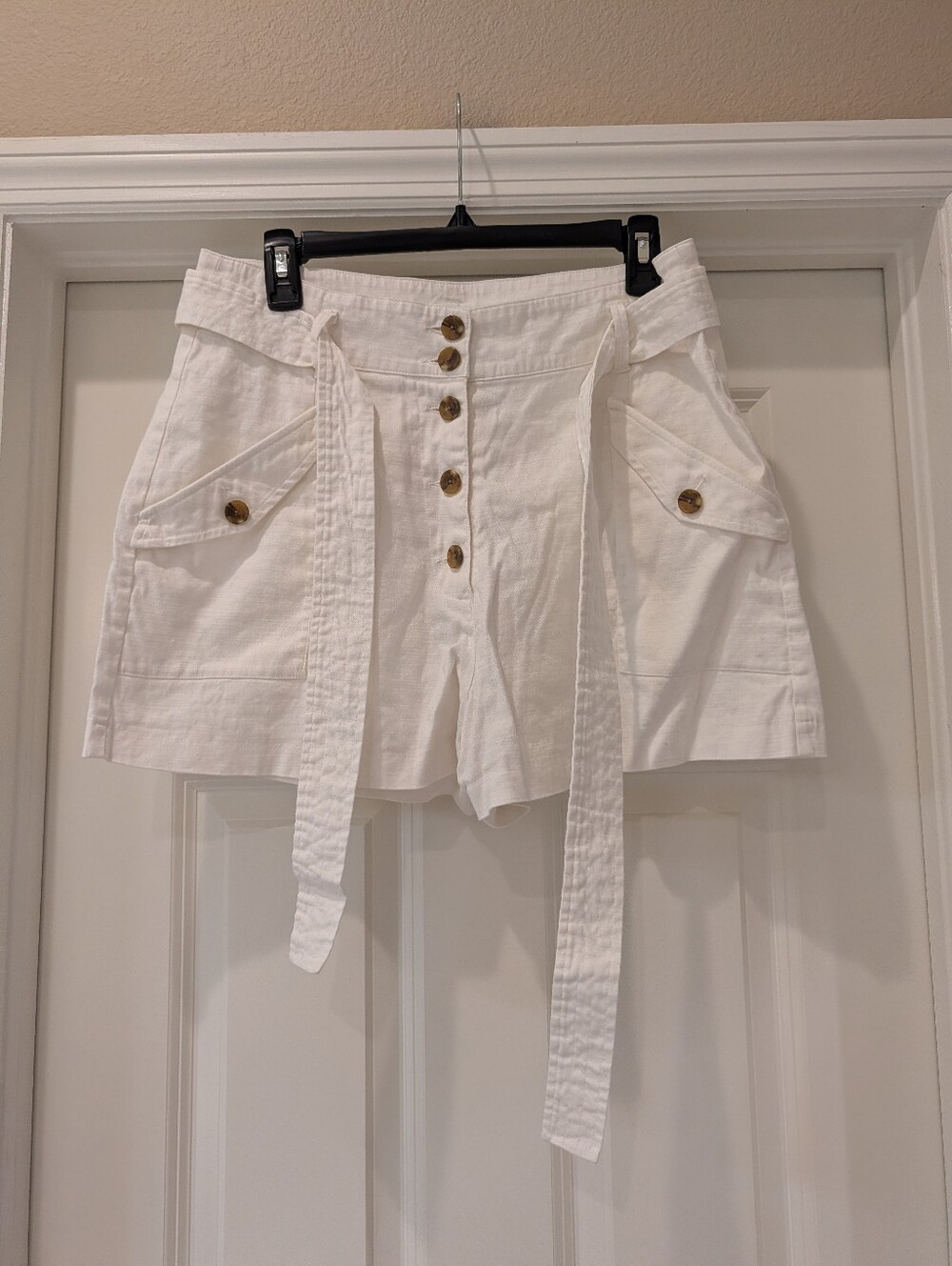 Rails White Linen High Waisted Belted Button Up Shorts Size 14